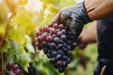 Obraz premium hand is holding a bunch of grapes. The grapes are purple and are hanging from a vine. Concept of freshness and abundance, as the hand is reaching out to pick the ripe fruit