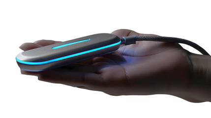 A handheld device for hospital, vibrating pager, rounded, elongated basic shape, consisting of a stainless steel upper shell and plastic lower shell with a clip, transparent background, png file,