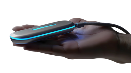 A handheld device for hospital, vibrating pager, rounded, elongated basic shape, consisting of a stainless steel upper shell and plastic lower shell with a clip, transparent background, png file,