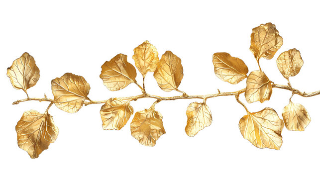 A fig leafs and a continious branch is made of matalic gold giltwood, tansparent background, png file, Generative AI illustrations.