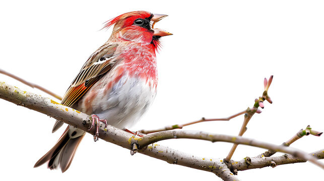 Beautiful red finch with long neck and open beak chirping with clear feathers standing on tree branch on white background, tansparent background, png file, Generative AI illustrations.