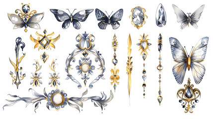 Fototapeta premium A clip art collection, gothic accessories, watercolor style, gold and silver colors, whimsical, gothic, feminine, isolated on white background, tansparent background, png file, Generative AI illustrat