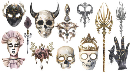 A clip art collection, gothic accessories, watercolor style, gold and silver colors, whimsical, gothic, feminine, isolated on white background, tansparent background, png file, Generative AI illustrat