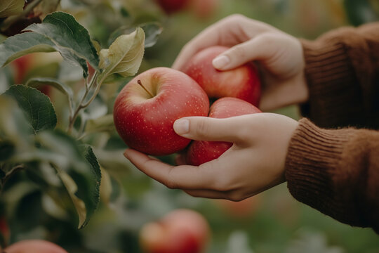 person is holding three apples in their hand. The apples are red and shiny, and they are surrounded by green leaves. Concept of freshness and abundance