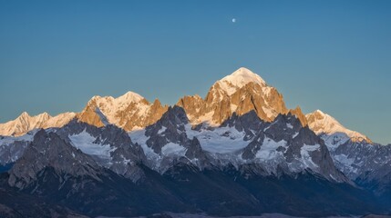 Fototapeta premium Golden sunlight illuminates the rugged peaks of a snow-capped mountain range under a clear blue sky, with a single cloud floating above. A perfect blend of serenity and majesty.