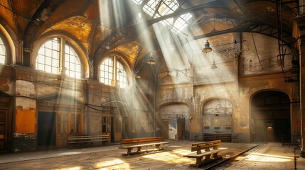 Naklejka premium Serene Solitude: Abandoned Train Station Bathed in Sunlight, a Tranquil Echo of the Past, with Deserted Platform and Old Benches under an Open Roof