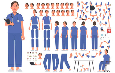 Nurse. Female doctor. Set for creating customized illustrations and character animation. Different positions of arms, legs, head. Vector illustration