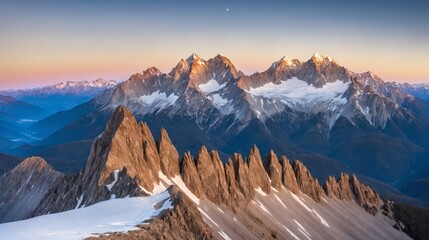 Golden sunlight illuminates the rugged peaks of a snow-capped mountain range under a clear blue sky, with a single cloud floating above. A perfect blend of serenity and majesty.

