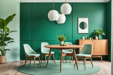 Mint color chairs at round wooden dining table in room with sofa and cabinet near green wall. Scandinavian, mid-century home interior design of modern living room