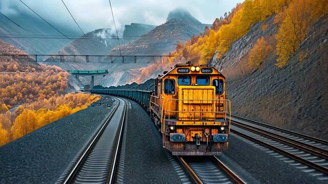 dumps used for coal mining. Railway, bridge, walking excavator, green train with coal. Asphalt vehicle and road.