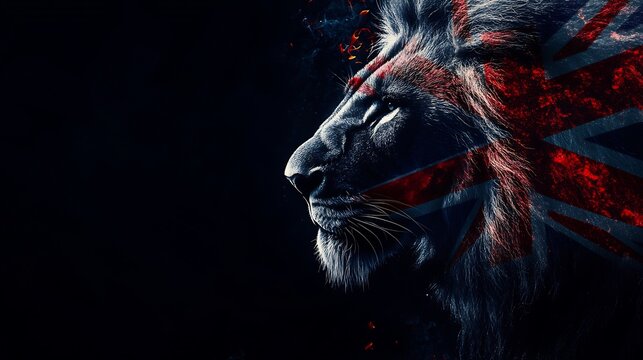 Lion's Profile with Union Jack Flag and Flames