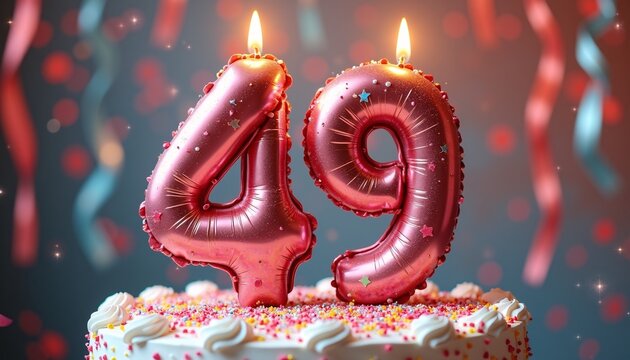 Number 49th Birthday Balloon Celebration Cake, Adorned with Sparkling Confetti, Stars, Glitters, and Streamer Ribbons for a Festive Atmosphere