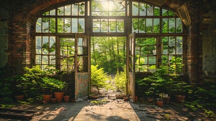 Obraz premium Serene Solitude: Abandoned Greenhouse Bathed in Sunlight, Rows of Plant Pots, Glass Ceiling Filtered Rays, Tranquil Garden Sanctuary