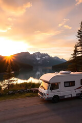 A camper van parked by a serene lake surrounded by majestic mountains under a clear blue sky. The scene captures the beauty of nature and outdoor adventure.
