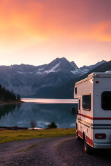 A camper van parked by a serene lake surrounded by majestic mountains under a clear blue sky. The scene captures the beauty of nature and outdoor adventure.