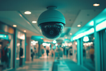 camera is suspended from the ceiling in a large building. The camera is pointed downward, capturing the space below. Concept of surveillance and control, as if the camera is watching over the people