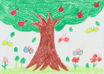 子供が描いた大きな木とちょうちょの絵