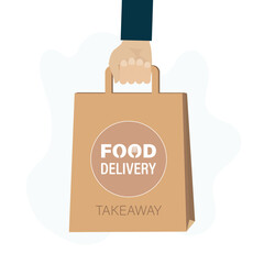 Food delivery, human hand holds paper bag. Take away paper food bag. Food delivery from restaurants, cafes and supermarkets. Client or deliveryman holds package.