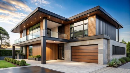 Fototapeta premium Modern luxury house featuring wood and black accents , upscale, elegant, contemporary, architecture, design