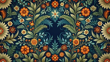 Vintage floral background with intricate patterns of leaves and flowers in dark blue, orange