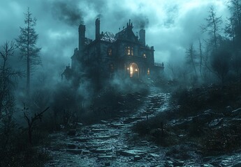 Fototapeta premium A hauntingly beautiful depiction of a spooky old mansion enveloped in fog, perfect for Halloween themes and designs with copy space.