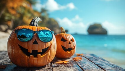 Cheerful Halloween pumpkins with sunglasses on a tropical beach, perfect for festive promotions and holiday designs. Versatile applications with copy space.