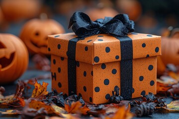 A festive Halloween gift box surrounded by pumpkins and autumn leaves, perfect for celebration designs and themed events with copy space.