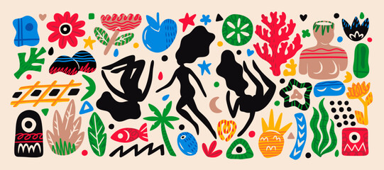 Shape abstract element. Summer background, colorful graphic Matisse texture. Doodle icon flower, paint floral, people silhouette. Art design flat geometric. Vector scribble style isolated illustration