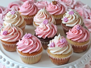 A beautifully arranged tray of pink and white frosted cupcakes, each topped with delicate floral decorations, displayed on a white cake stand.