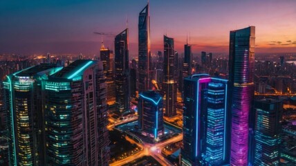 A sleek, futuristic cityscape at dusk, with AI-driven drones flying between towering skyscrapers, all illuminated by neon lights
