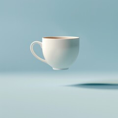 Fototapeta premium A white ceramic coffee cup floating against a minimalist light blue background, casting a subtle shadow below.