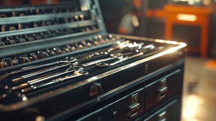 Close-up of a Tool Box with Wrenches and Sockets