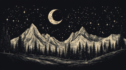 Fototapeta premium A captivating drawing featuring a serene nighttime landscape, set against a deep black background. In the foreground, a range of rugged mountains is depicted in sharp, jagged lines, 