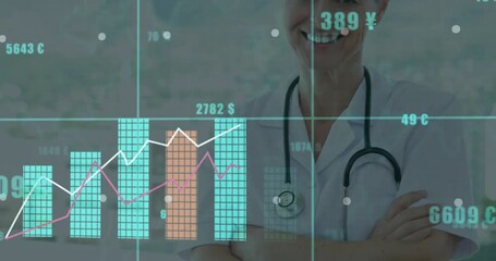 Smiling medical professional with financial data and graphs animation in background - Powered by Adobe
