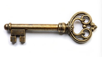 Antique brass key on a white background , vintage, retro, old, metal, rustic, decorative, classic, ornate, collector's item