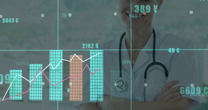 Smiling medical professional with financial data and graphs animation in background
