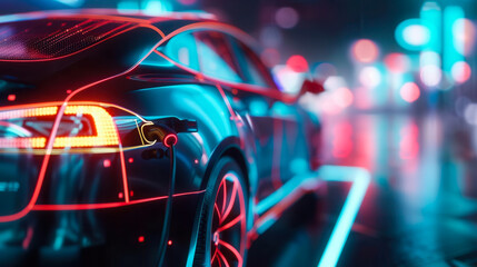 Fototapeta premium A sleek electric vehicle illuminated by vibrant neon lights on a city street, showcasing modern design and technology in motion.