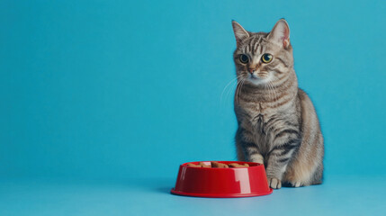 Cat and food bowl on clean background with space for text or graphic design.
