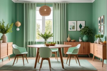 Mint color chairs at round wooden dining table in room with sofa and cabinet near green wall. Scandinavian, mid-century home interior design of modern living room