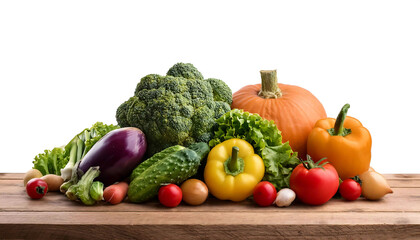 Mixed vegetables on wooden table on isolated white background. Still life photo