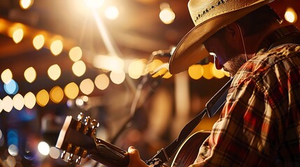 Country musician plays guitar and sings on stage with lights shining down for live performance entertainment musical expression and cultural storytelling concept.