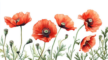 Obraz premium vibrant display of red poppies with delicate buds set against a clean white background. The poppies are in full bloom, showcasing their bright red petals that appear soft and velvety.
