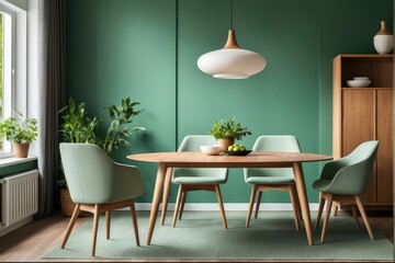 Mint color chairs at round wooden dining table in room with sofa and cabinet near green wall. Scandinavian, mid-century home interior design of modern living room
