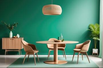 Mint color chairs at round wooden dining table in room with sofa and cabinet near green wall. Scandinavian, mid-century home interior design of modern living room