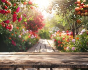 Wooden table with fruit flowers, spring background, vibrant blooms, sunny day, natural and lively atmosphere