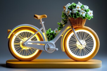 A 3D French bicycle with a basket of flowers, soft lighting, symbolizing the leisurely lifestyle in France.