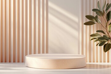 Fototapeta premium Illuminated Circular 3D Podium with Textured Surfaces for Beauty Products Showcase
