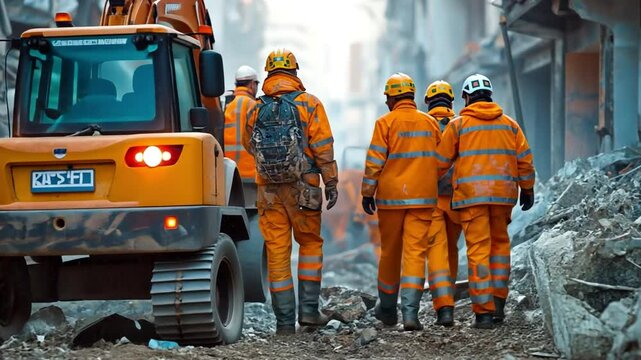Search parties and an excavator rummaging among the earthquake-damaged structures