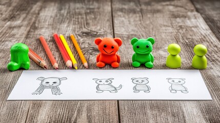 Table Top View with Various Drawings and Art Supplies. Featuring a Painted Monster, a Cute Animal Drawing, Pencils, and a Plasticine Figure. Detailed 2K Resolution for Enhanced Visual Clarity.