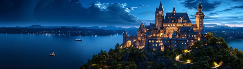 Fototapeta premium A 3D German medieval castle with soft lighting on the right, representing the historical fortresses of Germany.